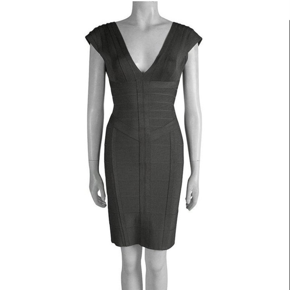 herve leger grey dress The Metallic Alba Gown Silver Foil / M